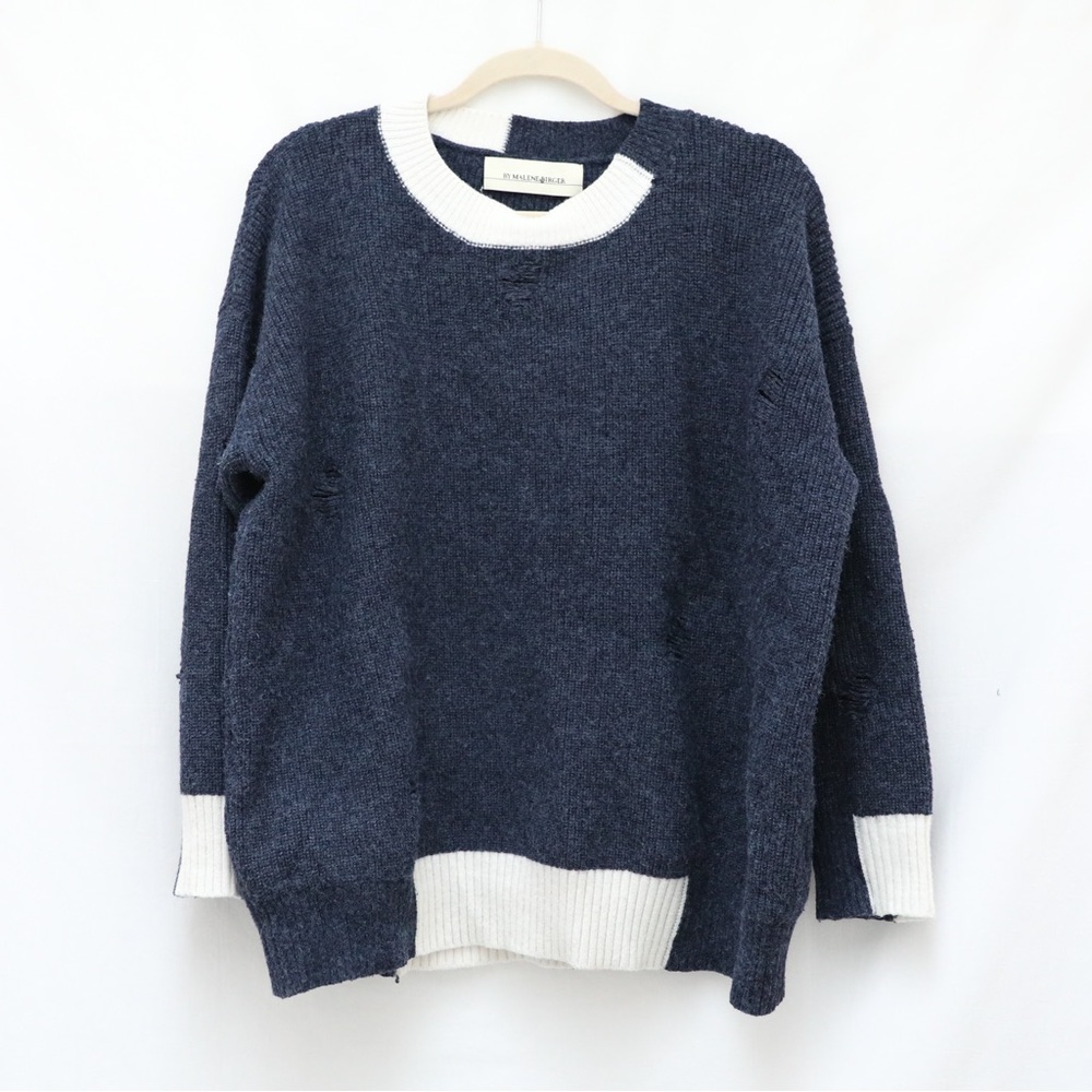 Malene Birger Navy Blue Sweater Distressed Oversized Ripped Warm L XL Stretch
